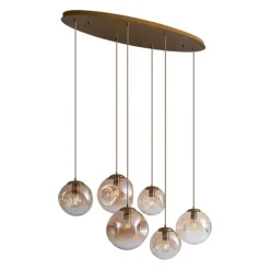 QAZQA Art deco hanglamp messing met ovale plafondplaat en amber glas 6-lichts - Douglass