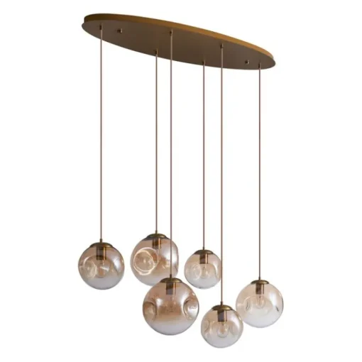 QAZQA Art deco hanglamp messing met ovale plafondplaat en amber glas 6-lichts - Douglass