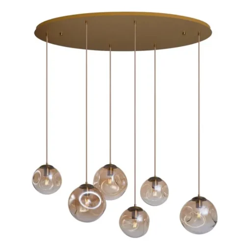 QAZQA Art deco hanglamp messing met ovale plafondplaat en amber glas 6-lichts - Douglass