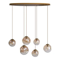QAZQA Art deco hanglamp messing met ovale plafondplaat en amber glas 6-lichts - Douglass