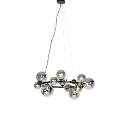 QAZQA Art Deco hanglamp zwart met smoke glas 12-lichts - David