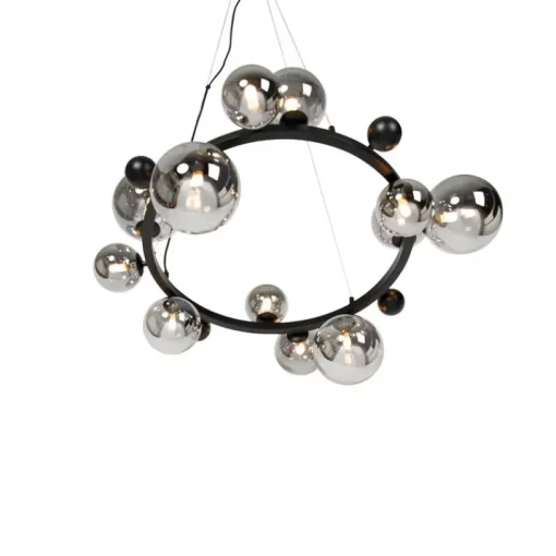 QAZQA Art Deco hanglamp zwart met smoke glas 12-lichts - David