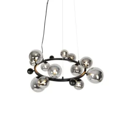 QAZQA Art Deco hanglamp zwart met smoke glas 12-lichts - David