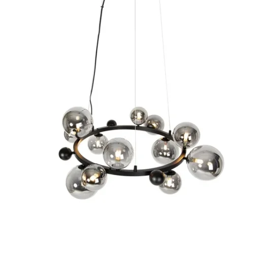 QAZQA Art Deco hanglamp zwart met smoke glas 12-lichts - David