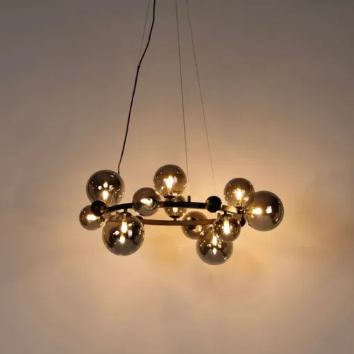 QAZQA Art Deco hanglamp zwart met smoke glas 12-lichts - David