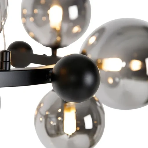 QAZQA Art Deco hanglamp zwart met smoke glas 12-lichts - David