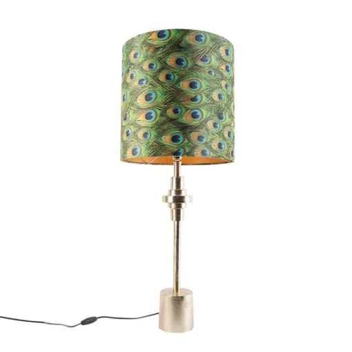 QAZQA Art Deco tafellamp goud velours kap pauw dessin 40 cm - Diverso