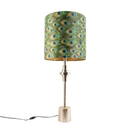 QAZQA Art Deco tafellamp goud velours kap pauw dessin 40 cm - Diverso