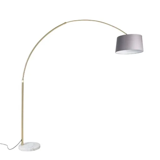 QAZQA Booglamp messing met marmer stoffen kap grijs 45 cm - XXL