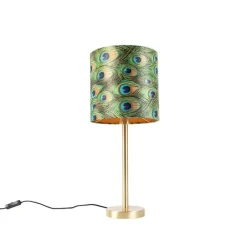QAZQA Botanische tafellamp messing met pauw kap 25 cm - Simplo