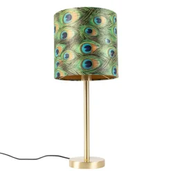 QAZQA Botanische tafellamp messing met pauw kap 25 cm - Simplo