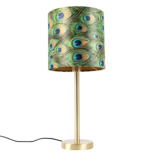 QAZQA Botanische tafellamp messing met pauw kap 25 cm - Simplo