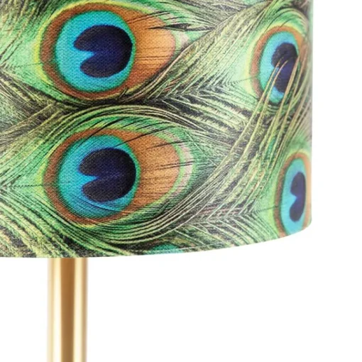 QAZQA Botanische tafellamp messing met pauw kap 25 cm - Simplo