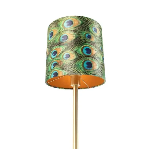 QAZQA Botanische tafellamp messing met pauw kap 25 cm - Simplo