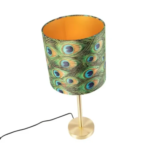QAZQA Botanische tafellamp messing met pauw kap 25 cm - Simplo