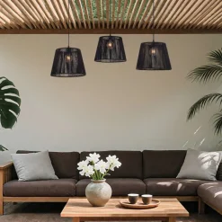 QAZQA Buiten hanglamp zwart met zwarte kap van touw 3-lichts IP44 - Cava Jayla