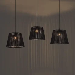 QAZQA Buiten hanglamp zwart met zwarte kap van touw 3-lichts IP44 - Cava Jayla