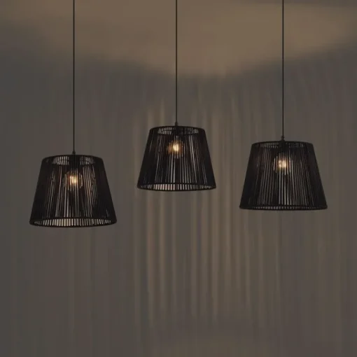 QAZQA Buiten hanglamp zwart met zwarte kap van touw 3-lichts IP44 - Cava Jayla