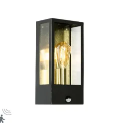 QAZQA Buiten wandlamp zwart met goud en bewegingsmelder - Rotterdam