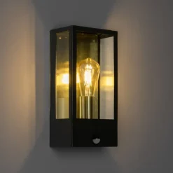 QAZQA Buiten wandlamp zwart met goud en bewegingsmelder - Rotterdam