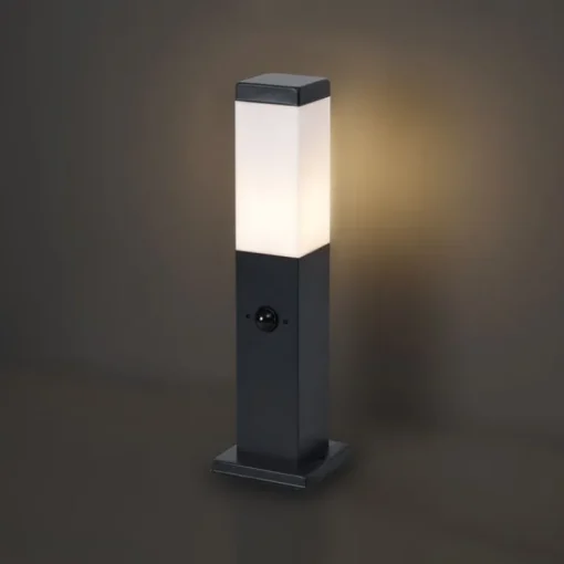 QAZQA Buitenlamp donkergrijs met opaal glas 45cm IP44 met stopcontact en bewegingssensor - Malios