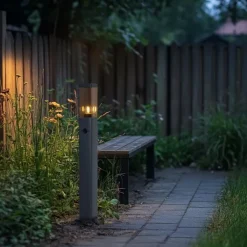 QAZQA Buitenlamp donkergrijs met smoke glas 80cm IP44 met stopcontact en bewegingssensor - Malios