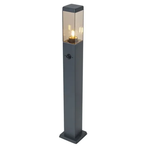 QAZQA Buitenlamp donkergrijs met smoke glas 80cm IP44 met stopcontact en bewegingssensor - Malios