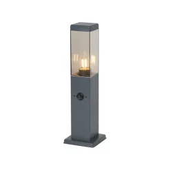 QAZQA Buitenlamp donkergrijs met smoke glas 45cm IP44 met stopcontact en bewegingssensor - Malios
