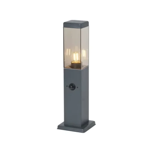 QAZQA Buitenlamp donkergrijs met smoke glas 45cm IP44 met stopcontact en bewegingssensor - Malios
