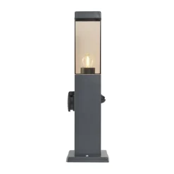 QAZQA Buitenlamp donkergrijs met smoke glas 45cm IP44 met stopcontact en bewegingssensor - Malios