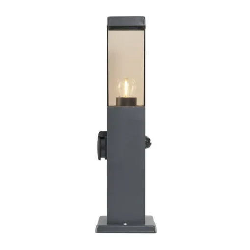 QAZQA Buitenlamp donkergrijs met smoke glas 45cm IP44 met stopcontact en bewegingssensor - Malios