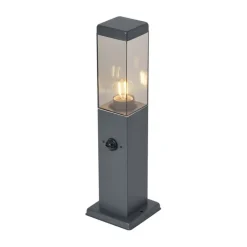 QAZQA Buitenlamp donkergrijs met smoke glas 45cm IP44 met stopcontact en bewegingssensor - Malios