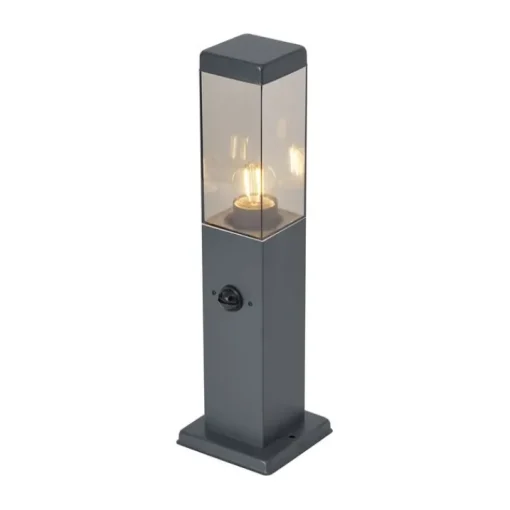 QAZQA Buitenlamp donkergrijs met smoke glas 45cm IP44 met stopcontact en bewegingssensor - Malios