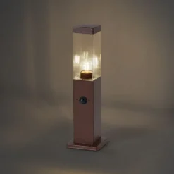 QAZQA Buitenlamp roestbruin met helder glas 45cm IP44 met stopcontact en bewegingssensor - Malios