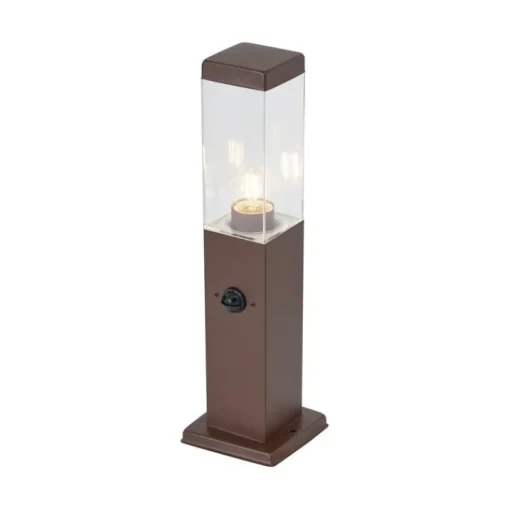 QAZQA Buitenlamp roestbruin met helder glas 45cm IP44 met stopcontact en bewegingssensor - Malios