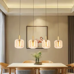 QAZQA Design hanglamp zwart met messing en amber glas 4-lichts - Zuzanna
