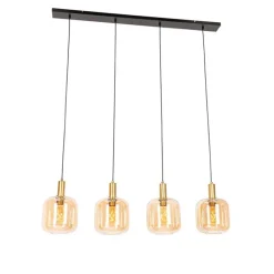 QAZQA Design hanglamp zwart met messing en amber glas 4-lichts - Zuzanna