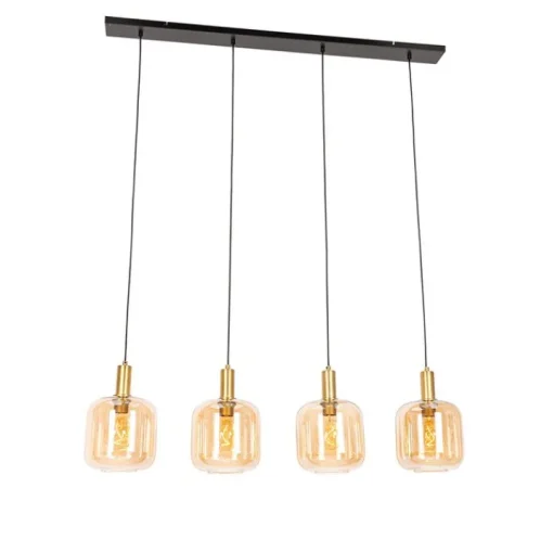 QAZQA Design hanglamp zwart met messing en amber glas 4-lichts - Zuzanna
