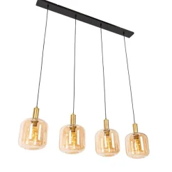 QAZQA Design hanglamp zwart met messing en amber glas 4-lichts - Zuzanna