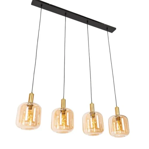 QAZQA Design hanglamp zwart met messing en amber glas 4-lichts - Zuzanna