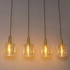 QAZQA Design hanglamp zwart met messing en amber glas 4-lichts - Zuzanna