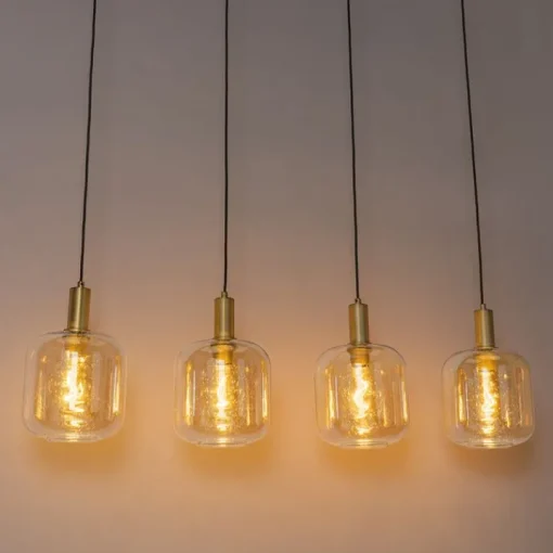 QAZQA Design hanglamp zwart met messing en amber glas 4-lichts - Zuzanna