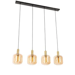 QAZQA Design hanglamp zwart met messing en amber glas 4-lichts - Zuzanna