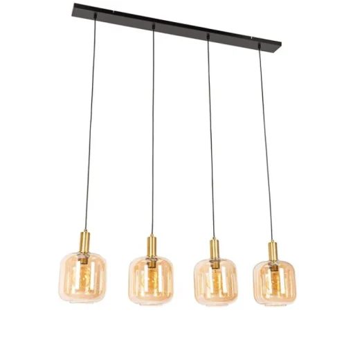 QAZQA Design hanglamp zwart met messing en amber glas 4-lichts - Zuzanna