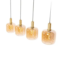 QAZQA Design hanglamp zwart met messing en amber glas 4-lichts - Zuzanna