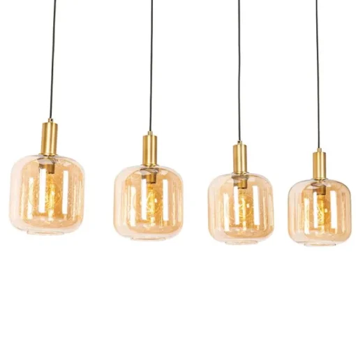 QAZQA Design hanglamp zwart met messing en amber glas 4-lichts - Zuzanna