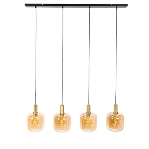 QAZQA Design hanglamp zwart met messing en amber glas 4-lichts - Zuzanna