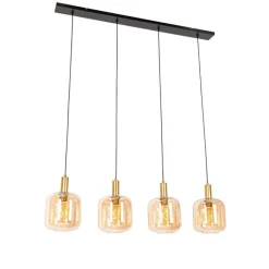 QAZQA Design hanglamp zwart met messing en amber glas 4-lichts - Zuzanna