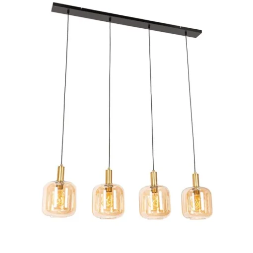 QAZQA Design hanglamp zwart met messing en amber glas 4-lichts - Zuzanna