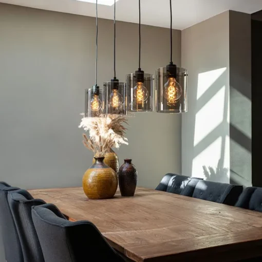 QAZQA Design hanglamp zwart met smoke glas 4-lichts - Dome